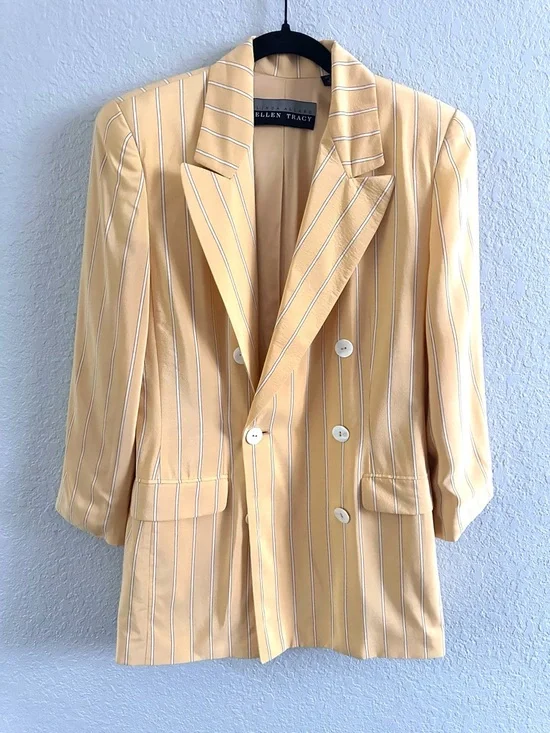 Vintage Ellen Tracy 100% Silk Blazer Yellow Pinstripe Double Breasted Size 10 - Picture 3 of 13